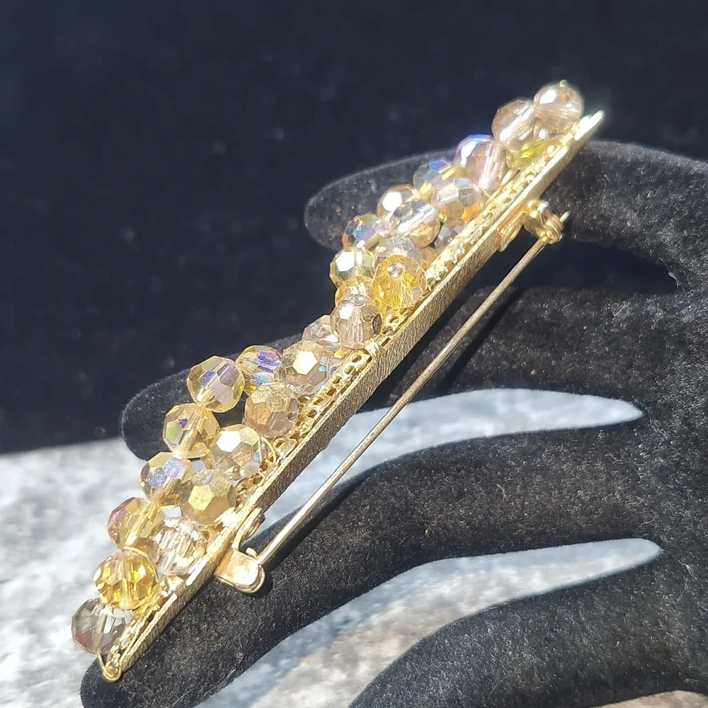 Vintage Amber AB Crystal Bead Bar Brooch Gold Tone Iridescent Cluster Pin